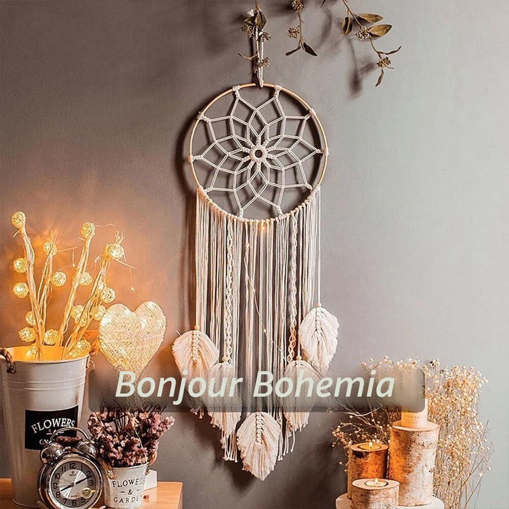 Attrape-rêves Boho Blanc Fait Main Macramé Tissé Coton Art mural Décoration Maison