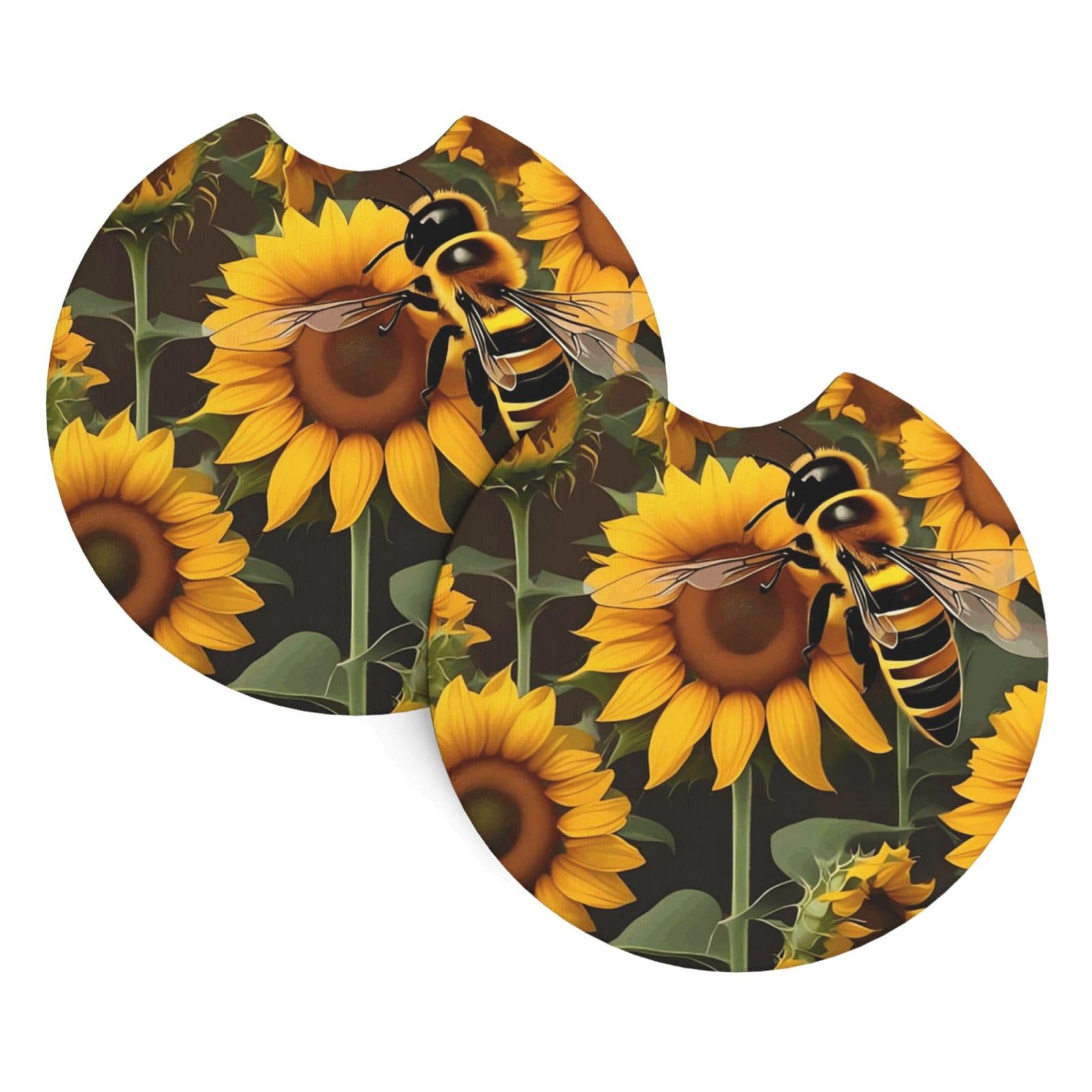 2 Pack Car Coaster for Cup Holders bee & Sunflowers Car Cup Coaster 2.7" Neoprene Non-Slip Automotive Cup Mat Universal Auto Car Interior Accessories for Women Men Cup Pad