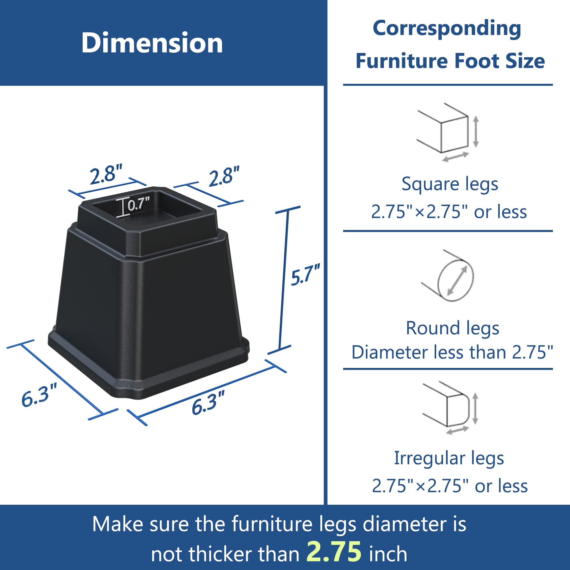 Elevadores de cama de 5 pulgadas resistentes, elevadores de muebles para marco de cama, sofá, escritorio, silla, levanta hasta 1.5 libras, juego de 8, negro