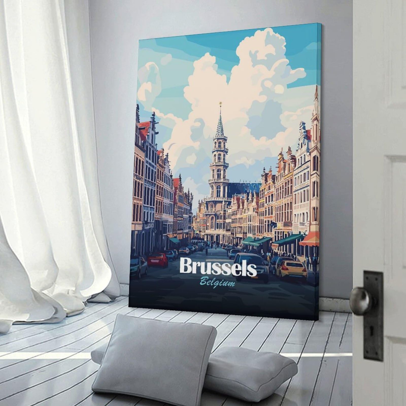 Junmoney Brussels, Belgium Cityscape Illustration(2) Wall Art Print 24x36inch(60x90cm), for Corridors, Hallways Or Apartment Entries, Wall Decor to Refresh Empty Corners
