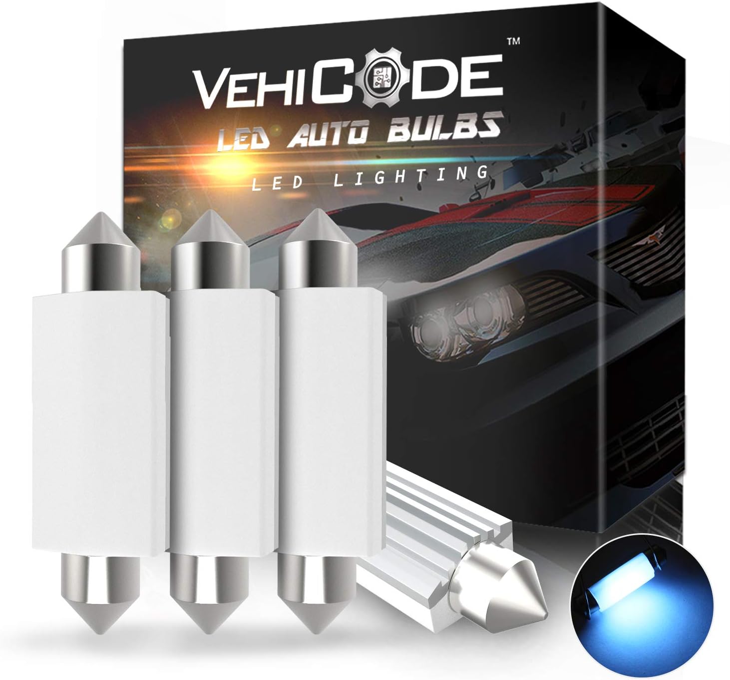 VehiCode 578 211-2 LED Bulb Ice Blue 42mm Festoon 12V CANBus Error Free Super Bright Kit 40mm 41mm 43mm SV8.5 Base 6411 211 212 212-2 for Car Interior Dome Map Panel Trunk Cargo Light (4 Pack)