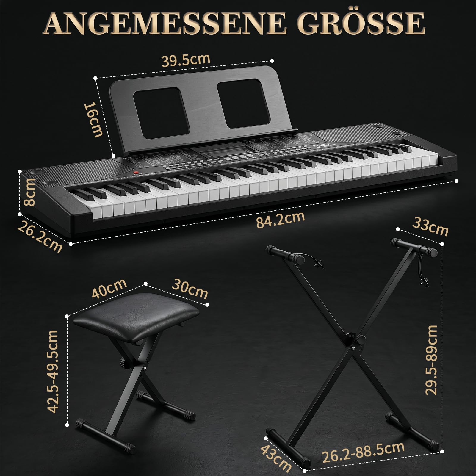 LEADZM Keyboard Piano 61 Tasten mit X-Ständer, Digital Piano mit LCD, USB-MIDI, Klavierbank, Notenständer, Kopfhörer, Mikrofon, 200 Rhythmen, 200 Tönen und 80 Demos für Anfänger (Schwarz)