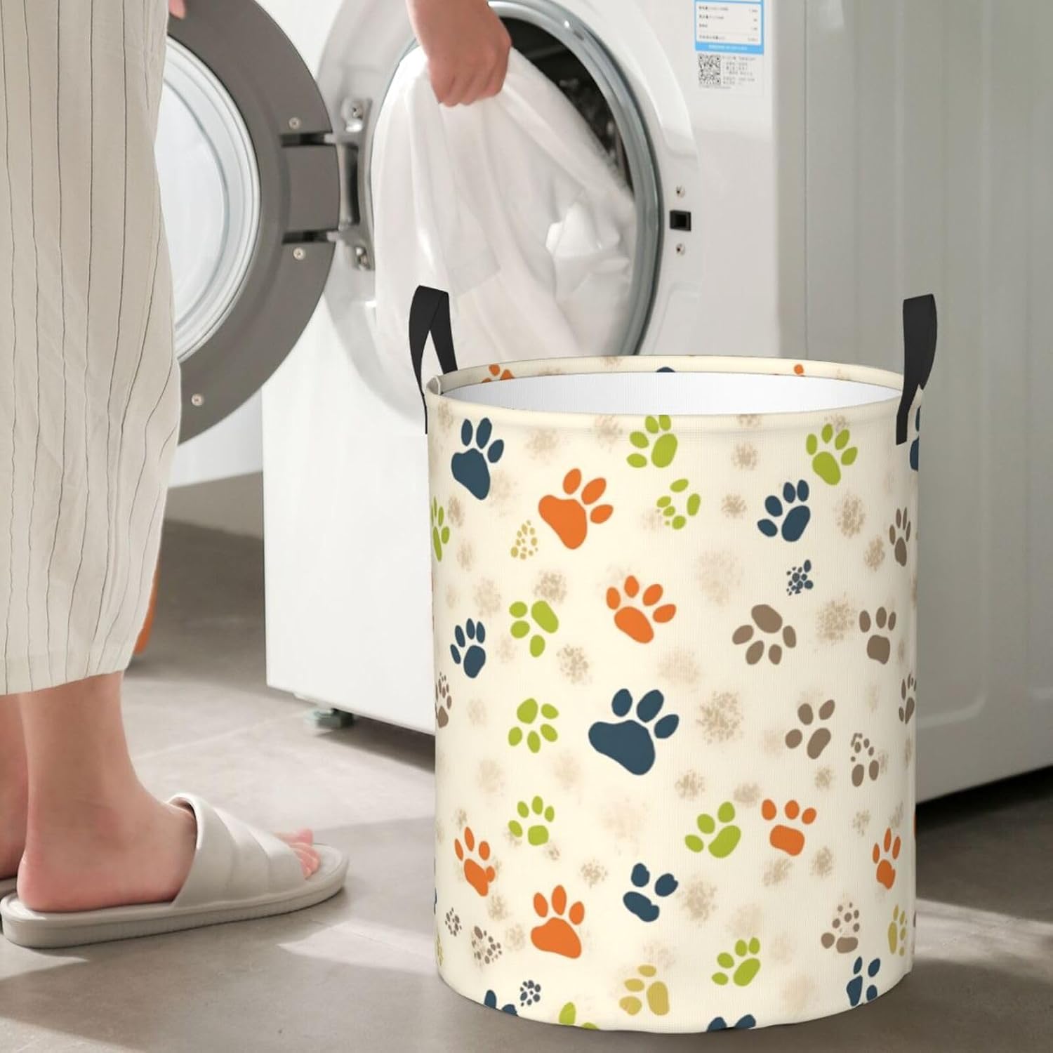 Cat Or Dog Footprints print Circular Hamper Waterproof Storage Bin Organizer Basket Laundry Hamper With Handles For Clothes Toys Small