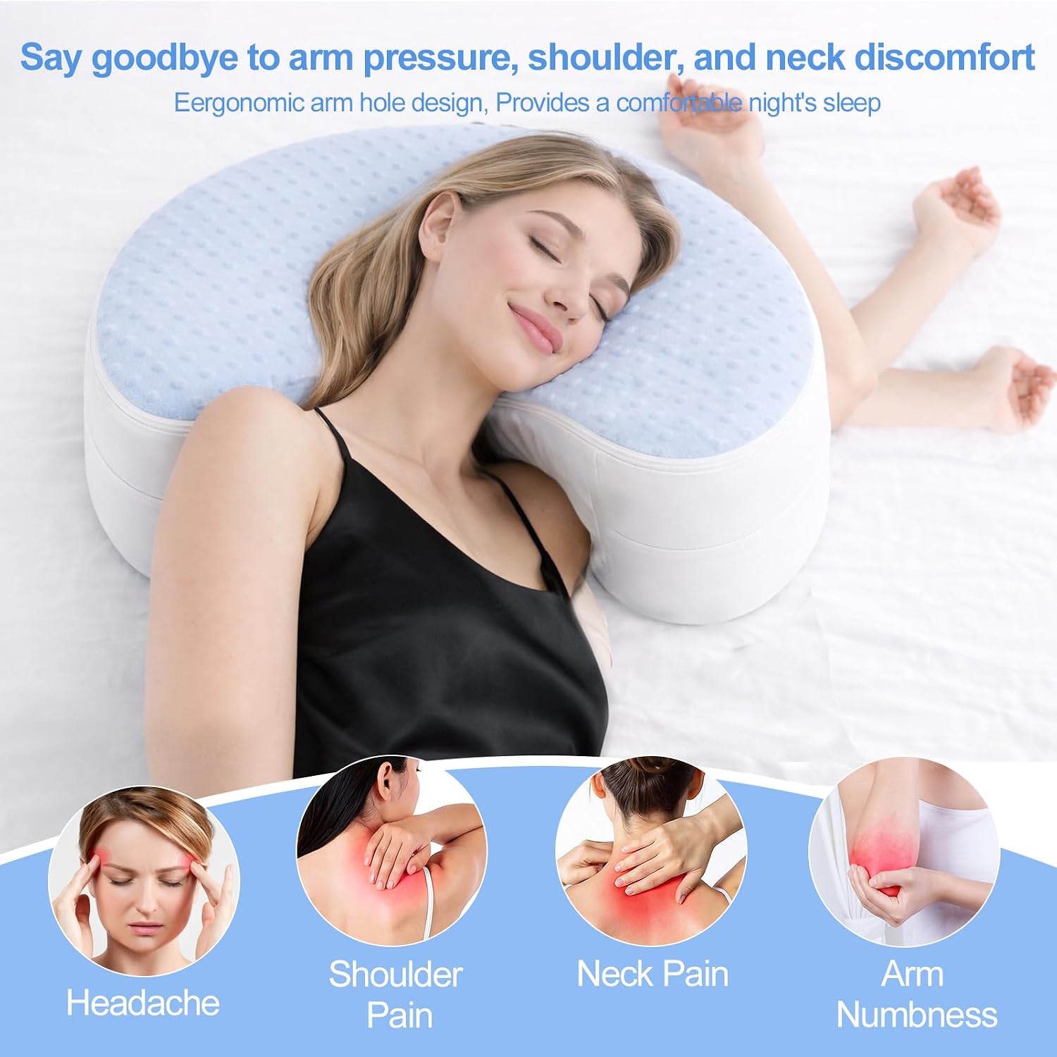 Side Sleeper Pillow for Shoulder Pain with Arm Hole & Ear Hole, Cooling Memory Foam Side Sleeper Pillows for Adults, Ergonomic Neck Support, Also Functions as a Leg or Lap Pillow