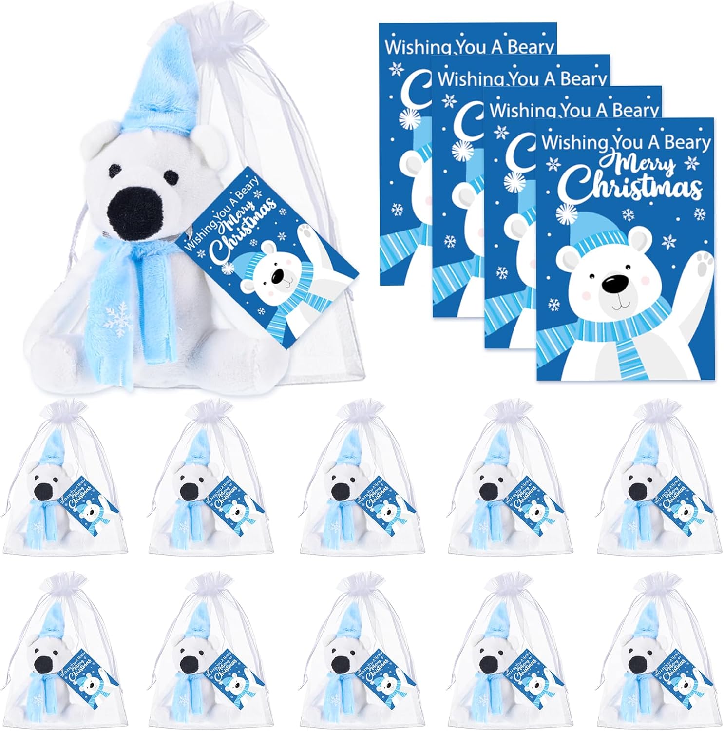 Silipull 12 Pcs Polar Bear Stuffed with Hats & Scarves Winter Holiday Party Gift 4" Plush Christmas Animal Toy for Xmas Adults Teacher Gifts Family Reunions Winter Events