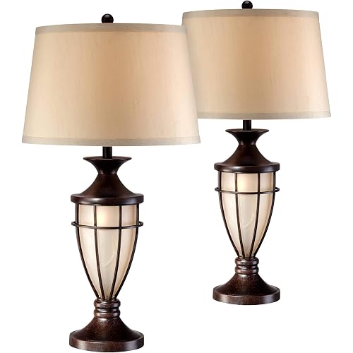 Cage 33" Large Table Lamps Set of 2 Night Light Bronze Brown Urn | Brushed Mission Lantern Nightlight Iron Living Room Bedroom House Bedside Nightstand Home Office Entryway Beige Shade