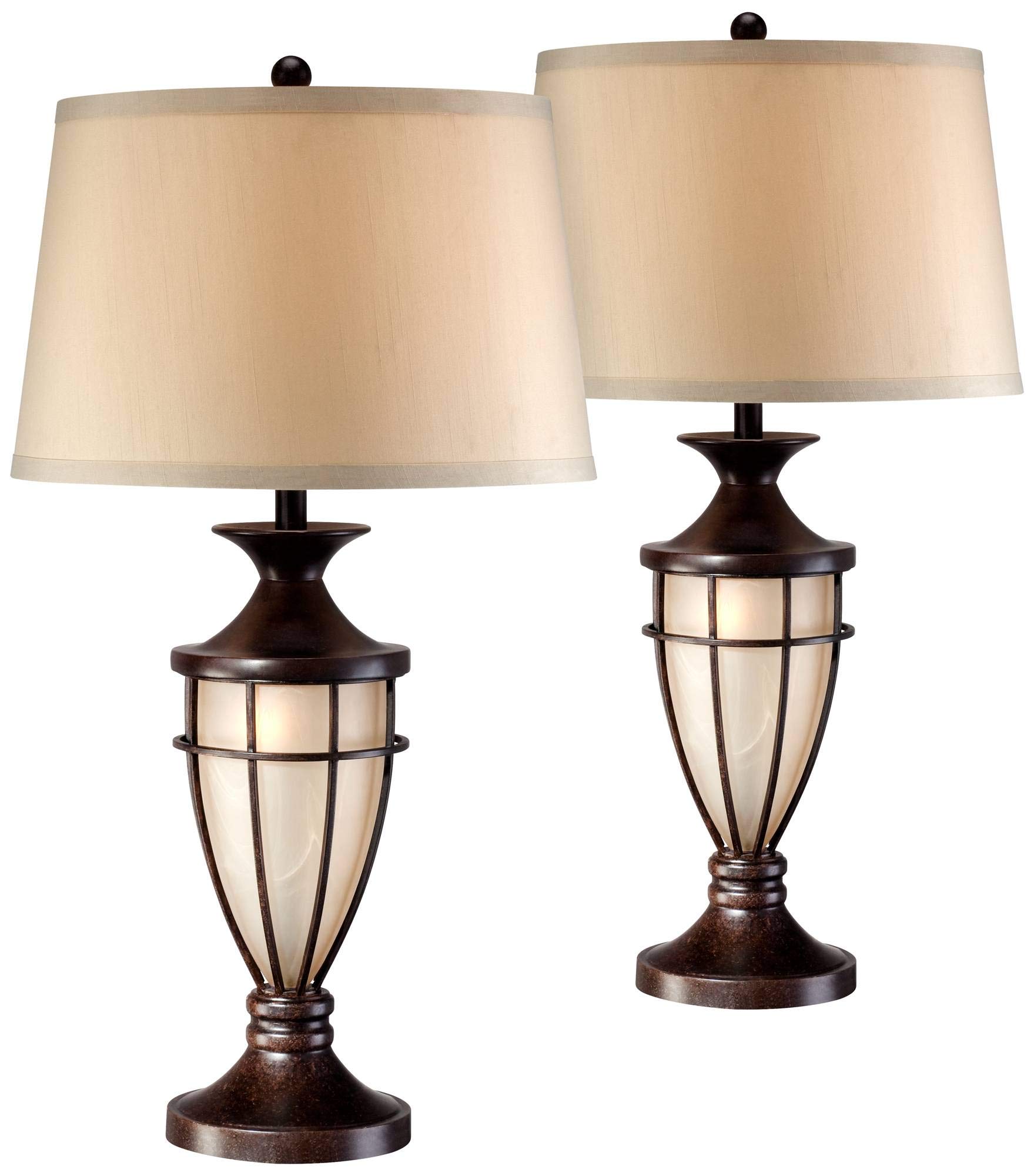 Cage 33" Large Table Lamps Set of 2 Night Light Bronze Brown Urn | Brushed Mission Lantern Nightlight Iron Living Room Bedroom House Bedside Nightstand Home Office Entryway Beige Shade