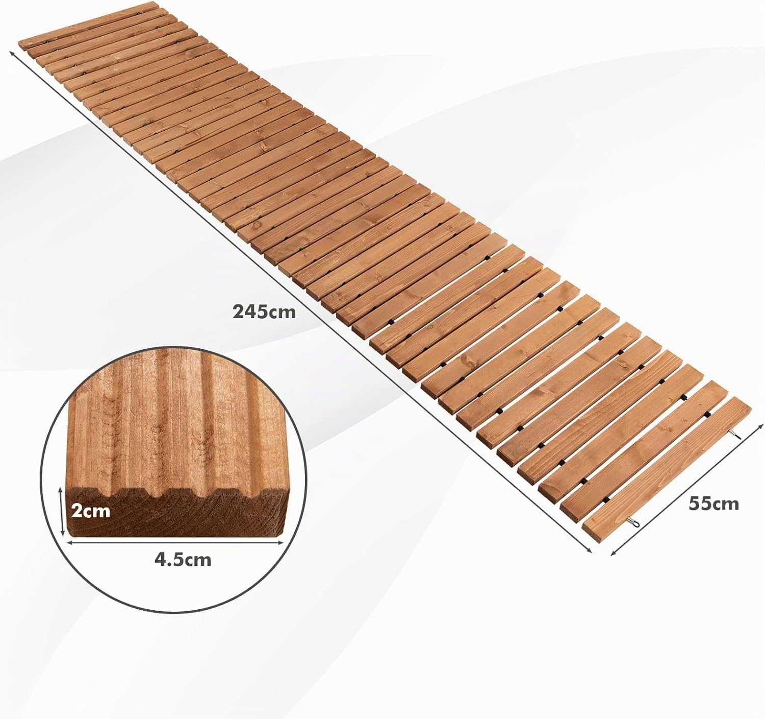 FANTASK Chemin de Jardin déroulable en Bois - 245 cm - Largeur : 55 cm - Chemin Roulant avec Fil d'acier - Marron Clair