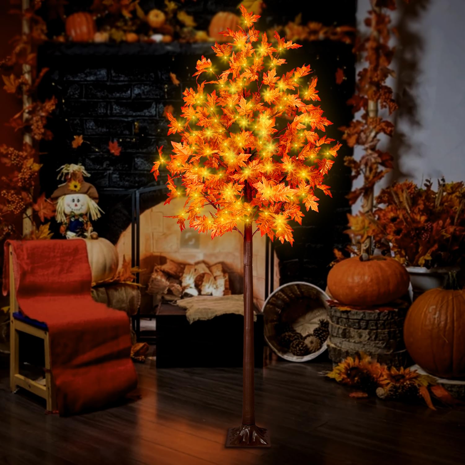 Sale ! 7FT LED Lighted Fall Tree 170 LEDs Maple Tree Light for Fall&Thanksgiving Decor, Maple Artificial Tree with 17 Acorns 340 Leaves, Remote 8 Flashing Modes, Timer Features.