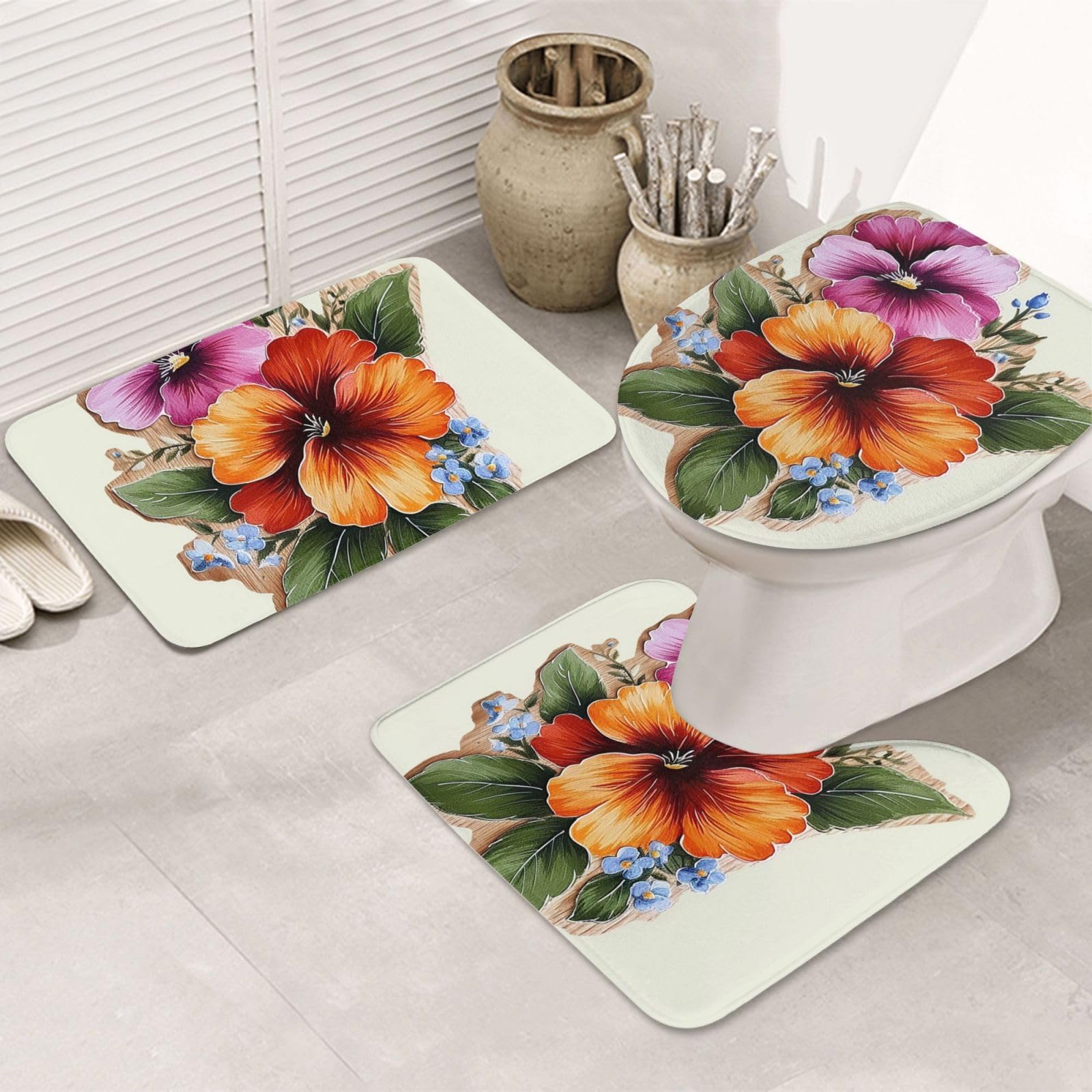 Set di 3 tappetini da bagno con fiori dipinti a mano in flanella morbida antiscivolo con coperchio per la decorazione della casa