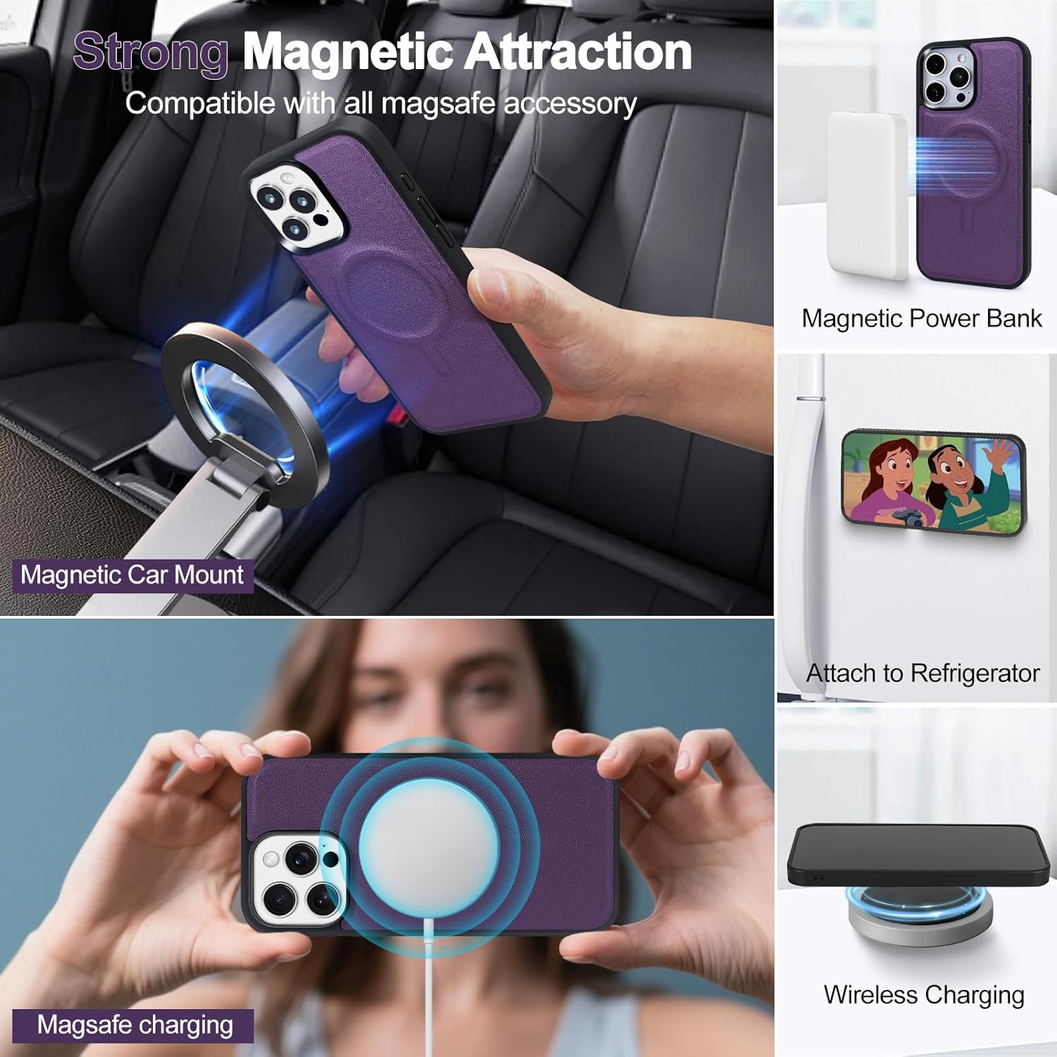 Magnetic Case for iPhone 15/14 Plus Wallet Compatible with Magsafe RFID Blocking Card Holder Detachable Phone Cover Kickstand Snap Strap Zipper Pocket PU Leather 6.7 inch (Purple)