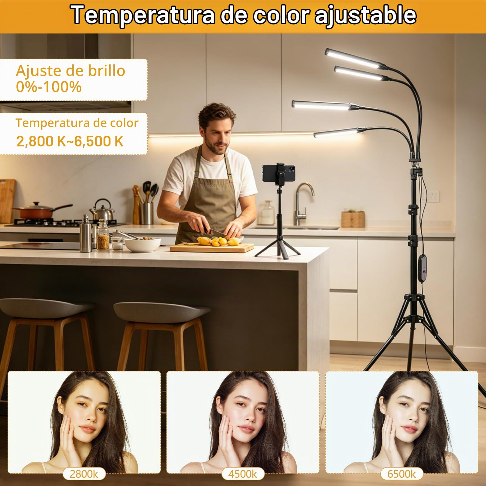 Luces LED Regulables para Fotografía, Lámpara Cosmética de Cuatro Brazos con Trípode y Soporte para Teléfono para Maquillaje, Pestañas, Cejas, Tatuaje, Manicura, Stream, Fotografía de Producto