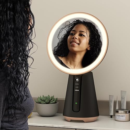 Miniatura 2 de Espejo de maquillaje iluminado con luces, espejo circular para maquillaje, aumento de 10X, rotación de 180, 3 modos de iluminación de color, espejo