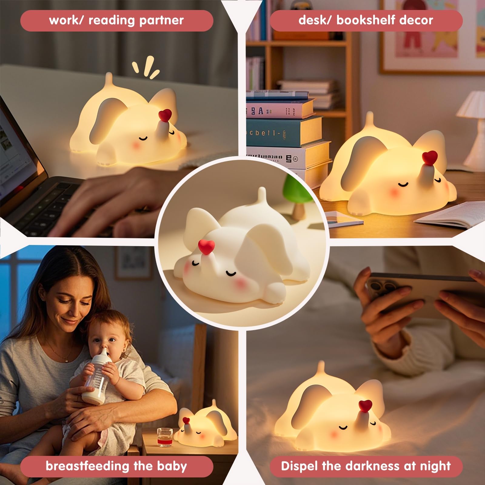 YR YRHH-PET Süßes Herz Elefant Nachtlicht, LED Squishy Neuheit Tier Niedliche Lampe, Lebensmittelqualität Silikon Nachtlicht, Dimmbar Leuchtende Elefant Dekor für Zimmer College, Jungen Mädchen Weiß