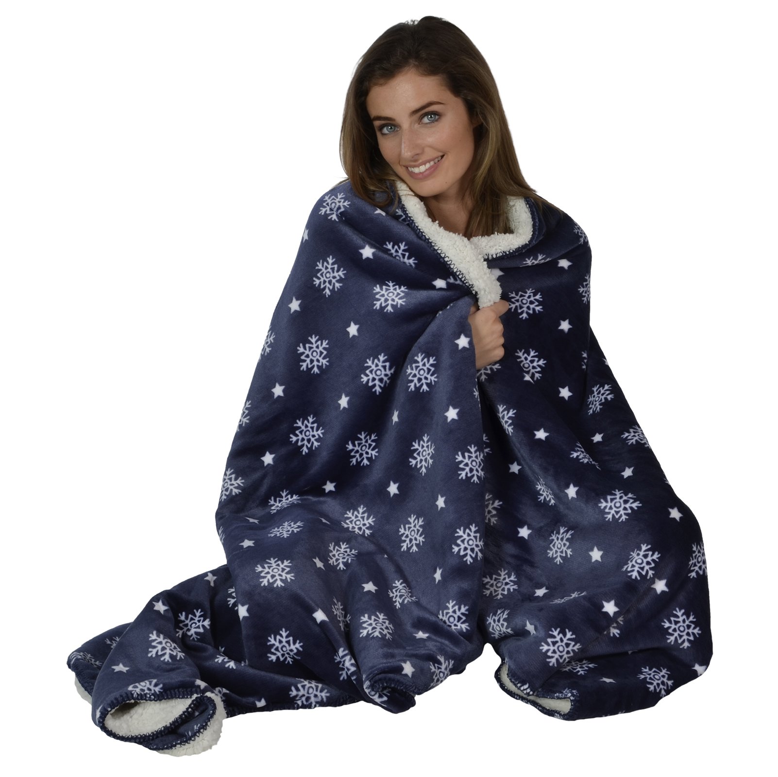 Micro-Pro Navy Snowflake Sherpa Lined Fleece Blanket Throw Cosy Soft 150 X Sofa Home 200Cm