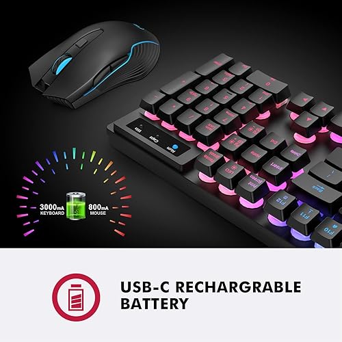 Miniatura 2 de NPET Combo de teclado y mouse inalámbricos para juegos S21, retroiluminación RGB, teclado ergonómico silencioso de sensación mecánica, mouse para