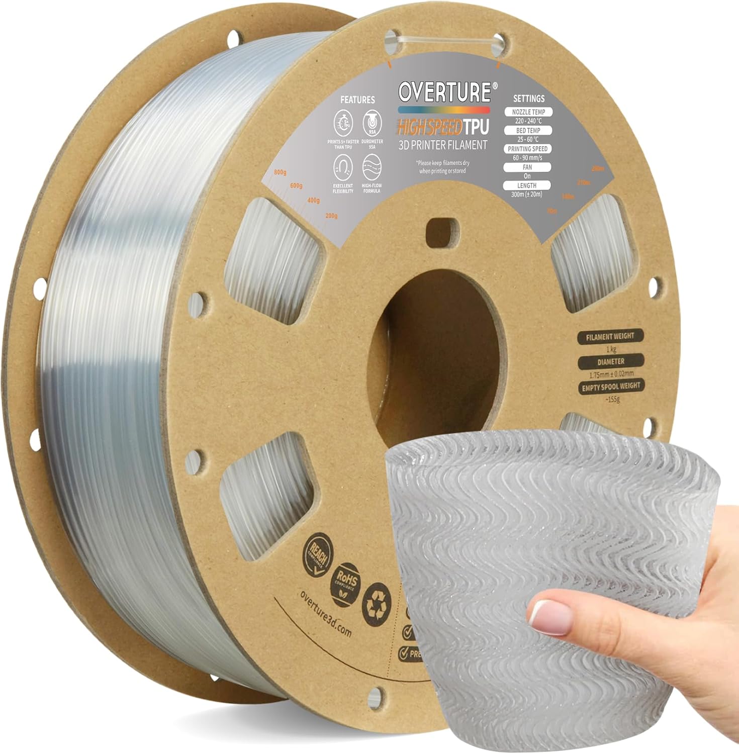 Product image of OVERTURE TPU High Speed Filament 1.75mm Flexible Roll, 95A Soft 3D Printer Filament, 1kg Spool (2.2 lbs), Fit Most FDM Printer (HS TPU Transparent)