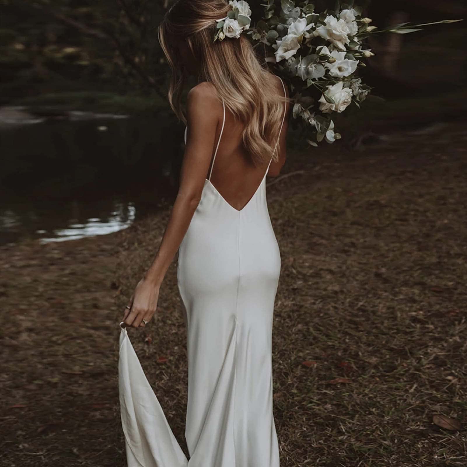 Brautkleid, Sexy Brautkleid mit V-Ausschnitt, Rückenfreies Brautjungfernkleid, Abendkleid für Hochzeitsfeier, WZEFEIO, Weiß, 2