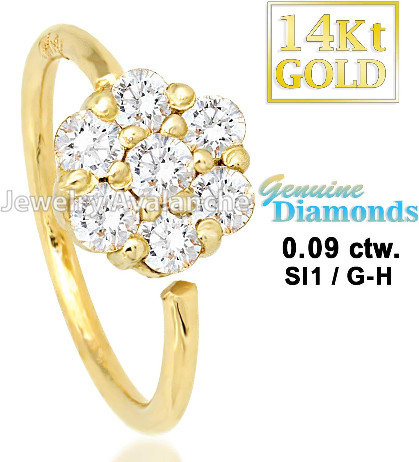 Jewelry Avalanche 20G 14K Yellow Gold 0.09 ctw Diamond 7-stone Flower Nose Hoop Ring Twist-open 5/16"(8mm) Nose Ring, Unisex 14KNH032FLY-WD