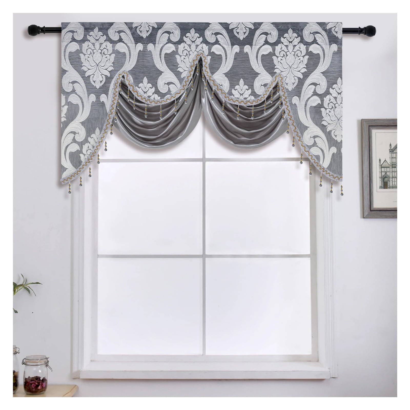 MFESFCS Swags For Windows Tassel Floral Window Valance For Living Room Luxury Jacquard Fabric Curtain Head Home Decor 1PC(Grey)