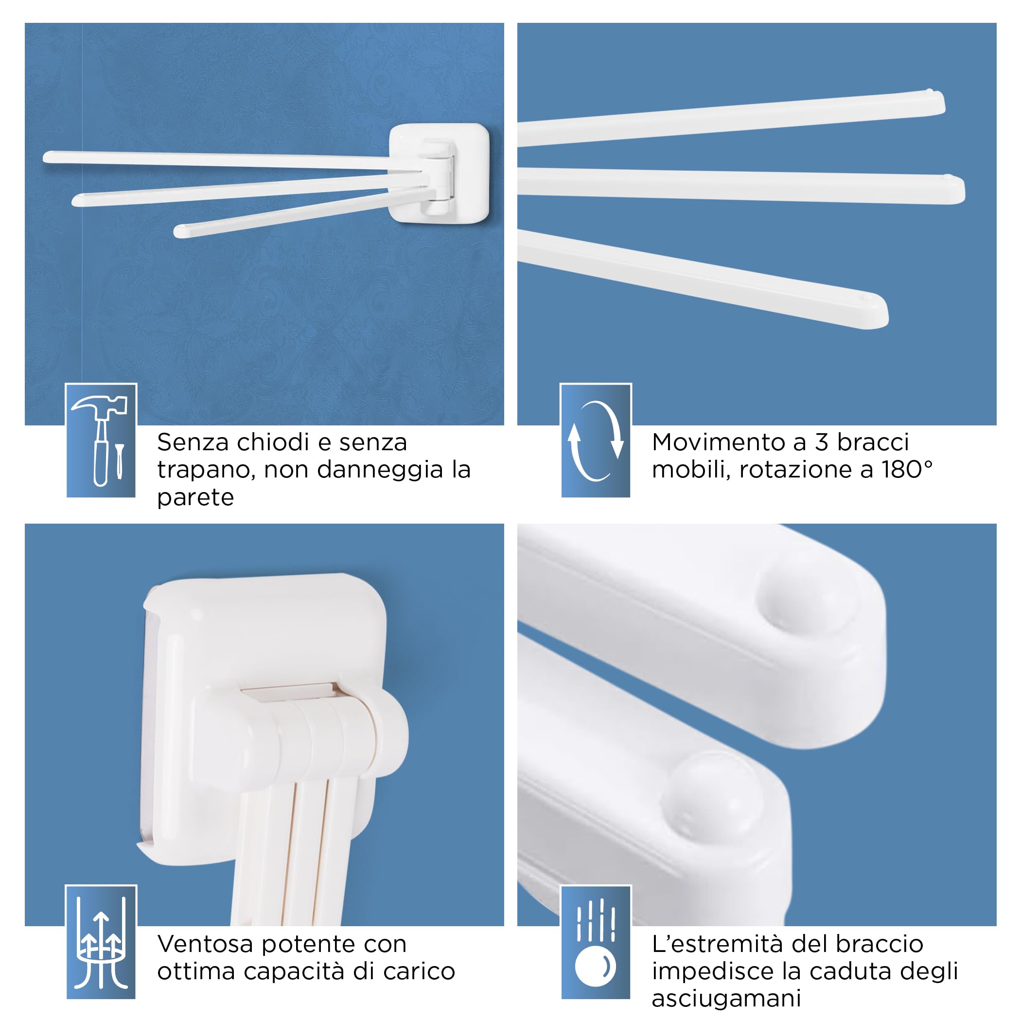 Portasciugamani Da Bagno A 3 Bracci Girevoli - Senza Foratura Con Ventosa Forte, Design Salvaspazio - Foto 12