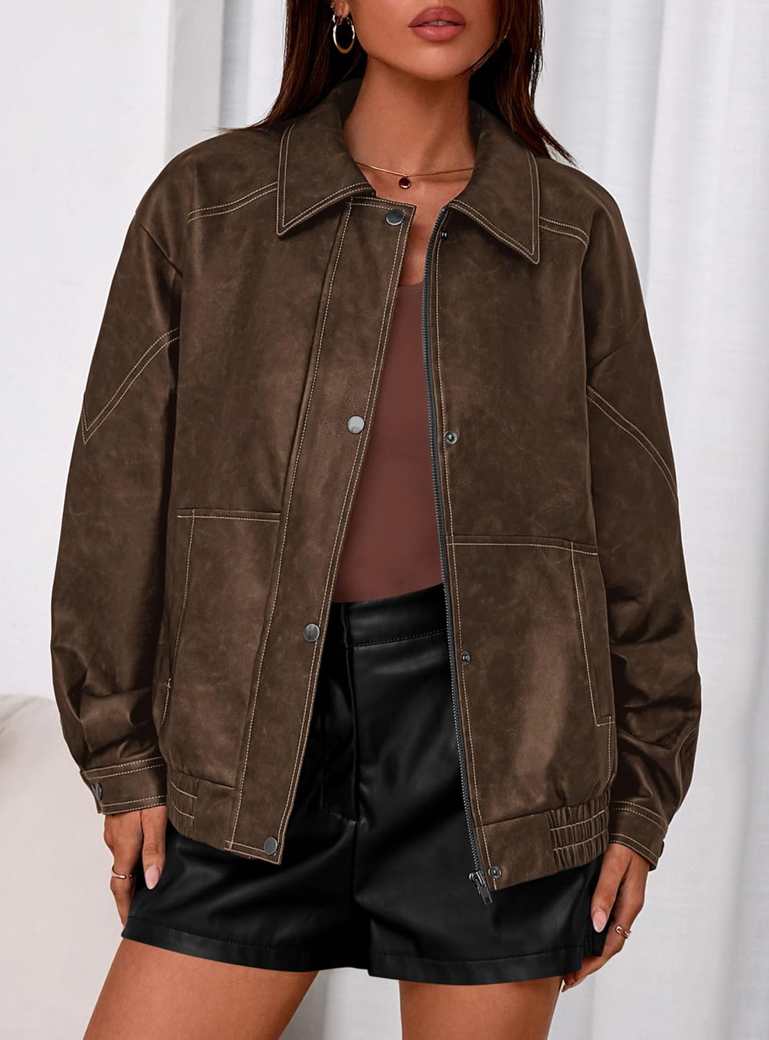 PRETTYGARDEN Faux Leather Jacket Women Bomber Motorcycle Zip Up Jackets Oversized Fall Fashion Outfits 2026 Winter Coats - Image 8