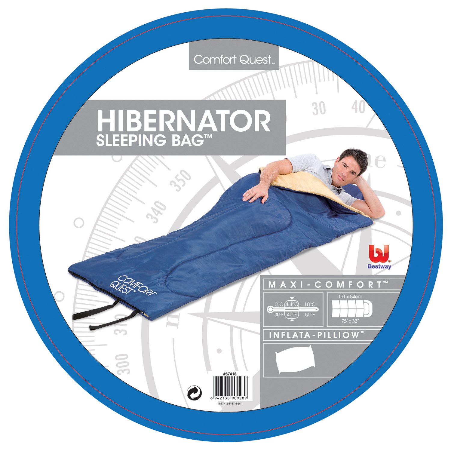Bestway Erwachsene Schlafsack Comfort Quest Hibernator 191x84 cm mit Kopfkissen, Blau/Ecru, M, 67418 Sport & Freizeit