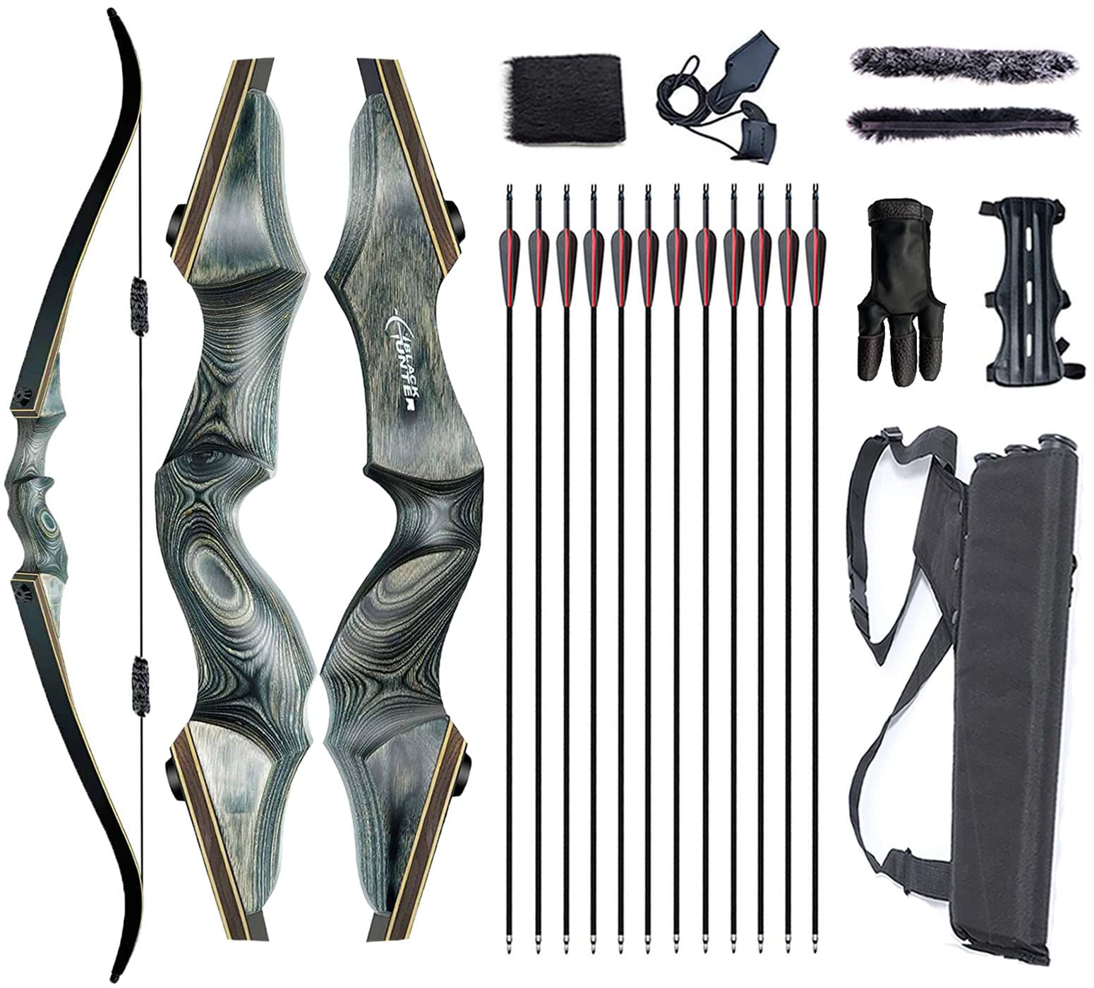 Recurve Bow and Arrows for Adults 60" Archery Set Right Hand Longbow 30-65lb Wood Riser Takedown Bow Arrow Quiver for Beginner to Intermediate Shooting Hunting