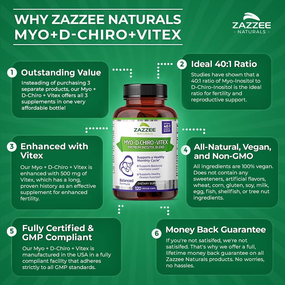 Zazzee Myo-Inositol + D-Chiro + Vitex, 120 Vegan Capsules, Optimal 40:1 Inositol Ratio, with 500 mg Vitex, Vegan, Non-GMO and All-Natural, Supports Healthy Ovulation and a Regular Cycle : Health & Household