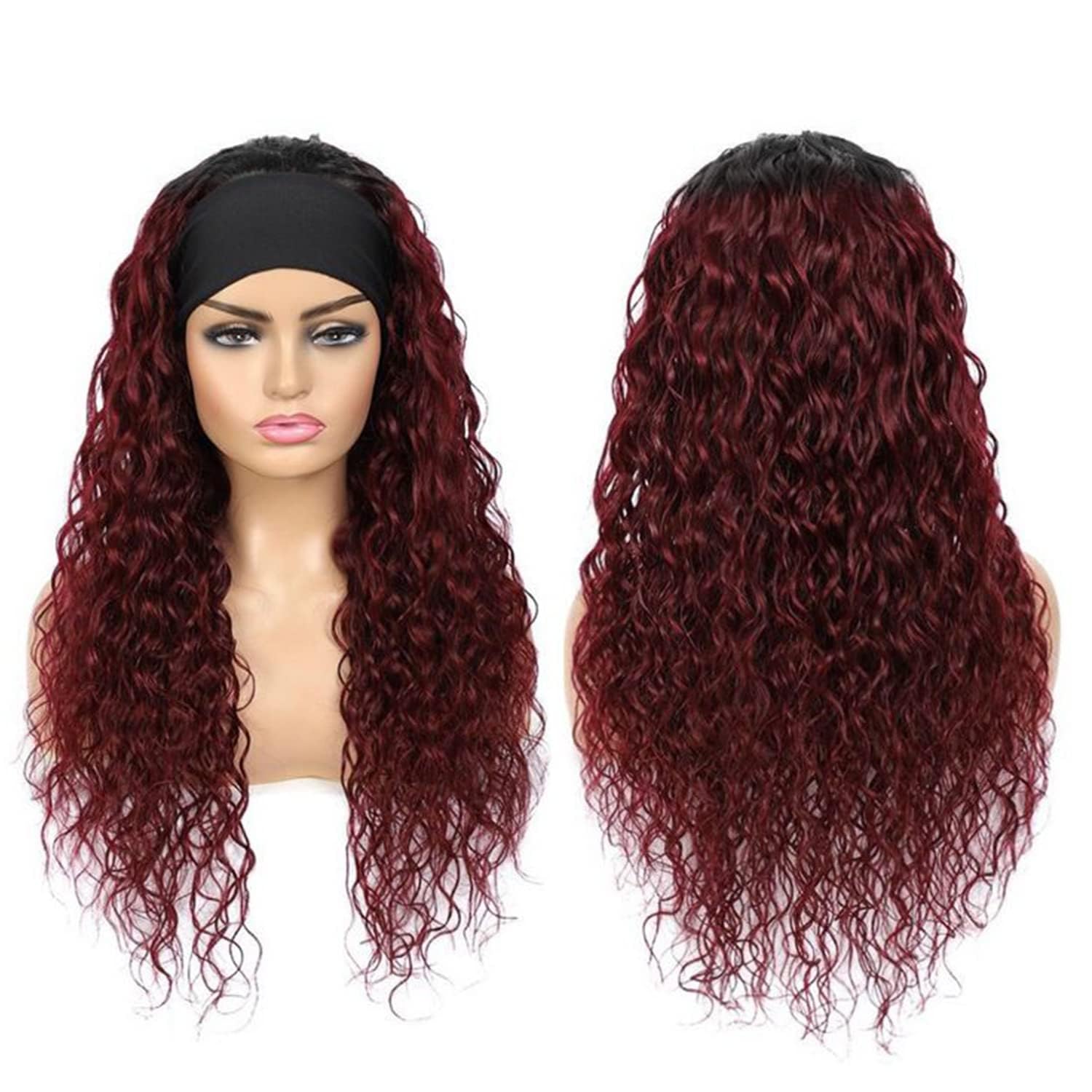 24inch 1B/99J Burgundy Ombre Headband Wig Deep Wave Human Hair Wigs Headband Wig 150% Density Half Glueless None Lace Front Wigs Brazilian Virgin Human Hair Headband Wigs for Black Women