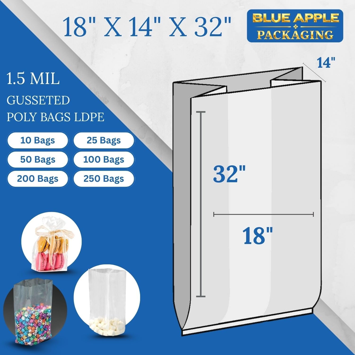 18" X 14" X 32" Gusseted Poly Bags Clear LDPE 1.5 Mil Thickness (Pack of 50) Open Top Food Safe Flexible Plastic Packaging Bag for Bread Loaves Lightweight Storage Retail