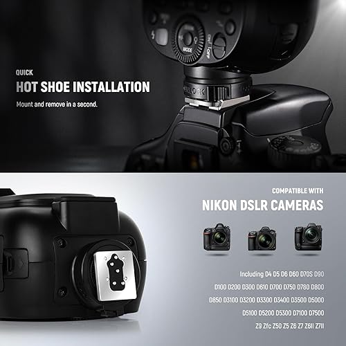 Miniatura 7 de NEEWER Z1-N TTL Flash Speedlite de cabeza redonda para Nikon con difusor de cúpula magnética, 76Ws 2.4G 18000s HSS Speedlight, lámpara de modelado