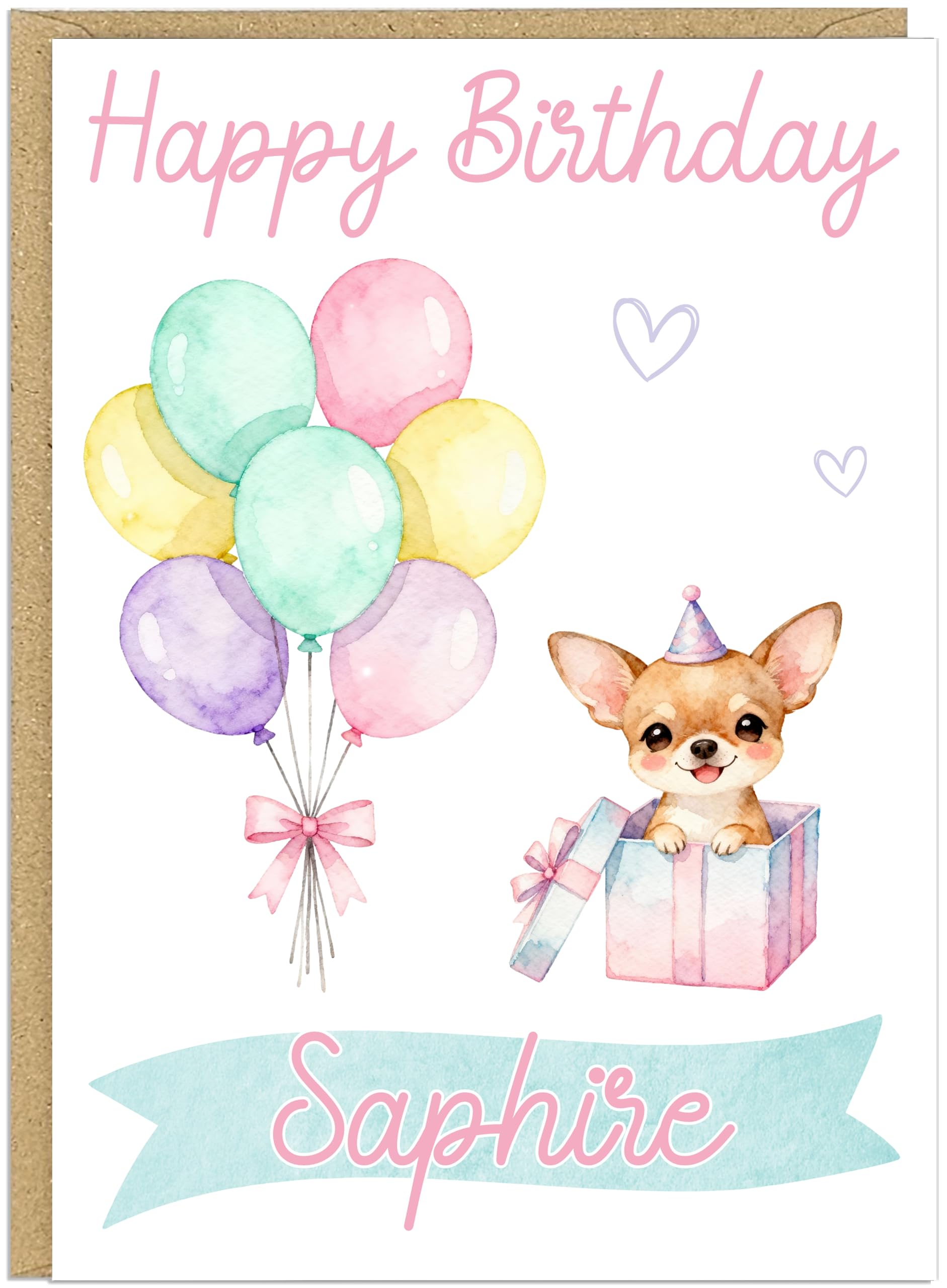 Personalised Happy Birthday Dog Breed Card - Custom Add Own Name Cute Puppy Dog Breed Design - Fun Pastel Puppy Birthday Greeting Cards for Girls Kids Teens Granddaughter (Chihuahua)