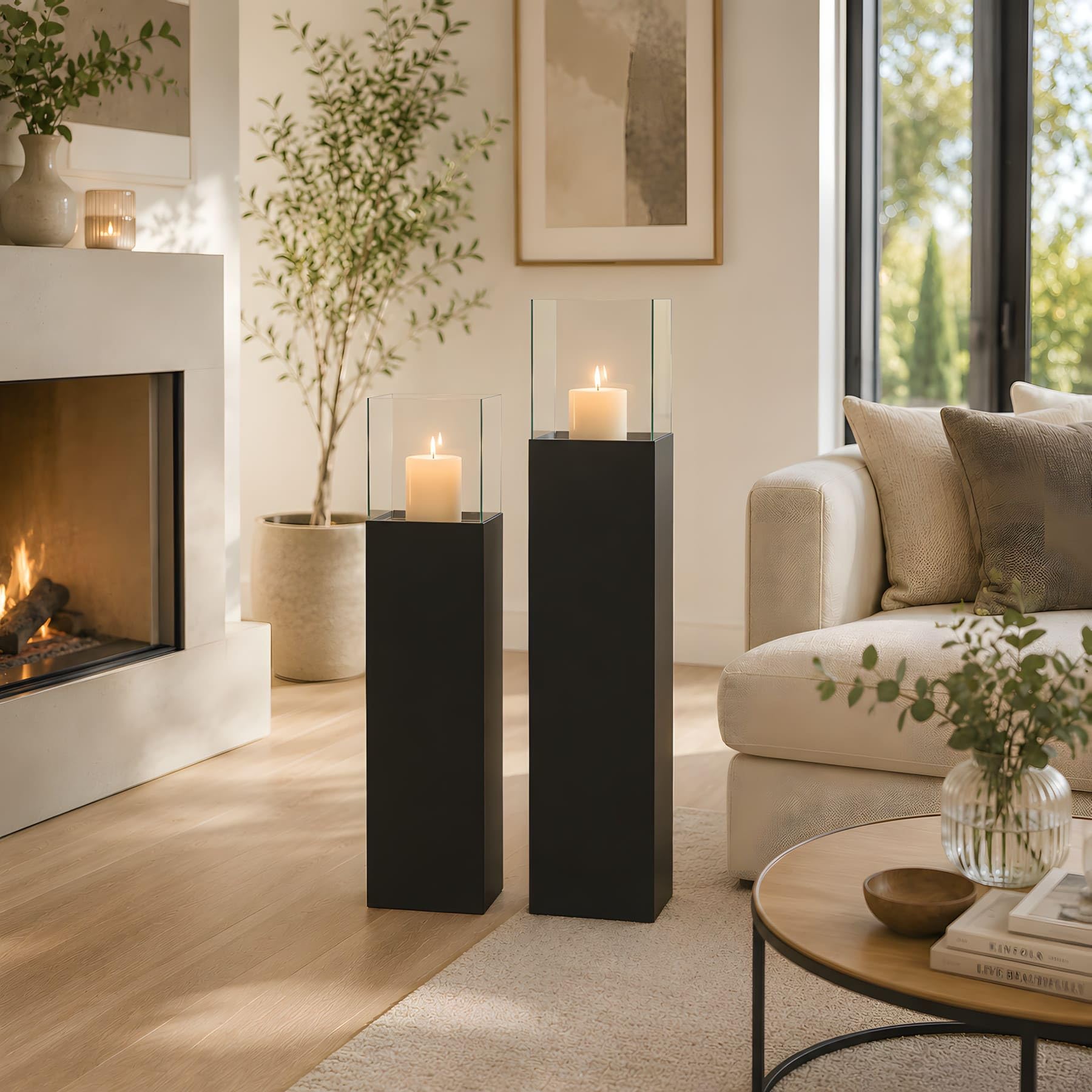 2X Windlichtsäule Black aus Metall, schwarz, Kerzenständer, Dekosäule | Kerzenhalter 75 + 90 cm hoch für Wohnzimmer, Boden-Laterne mit Kerzenglas