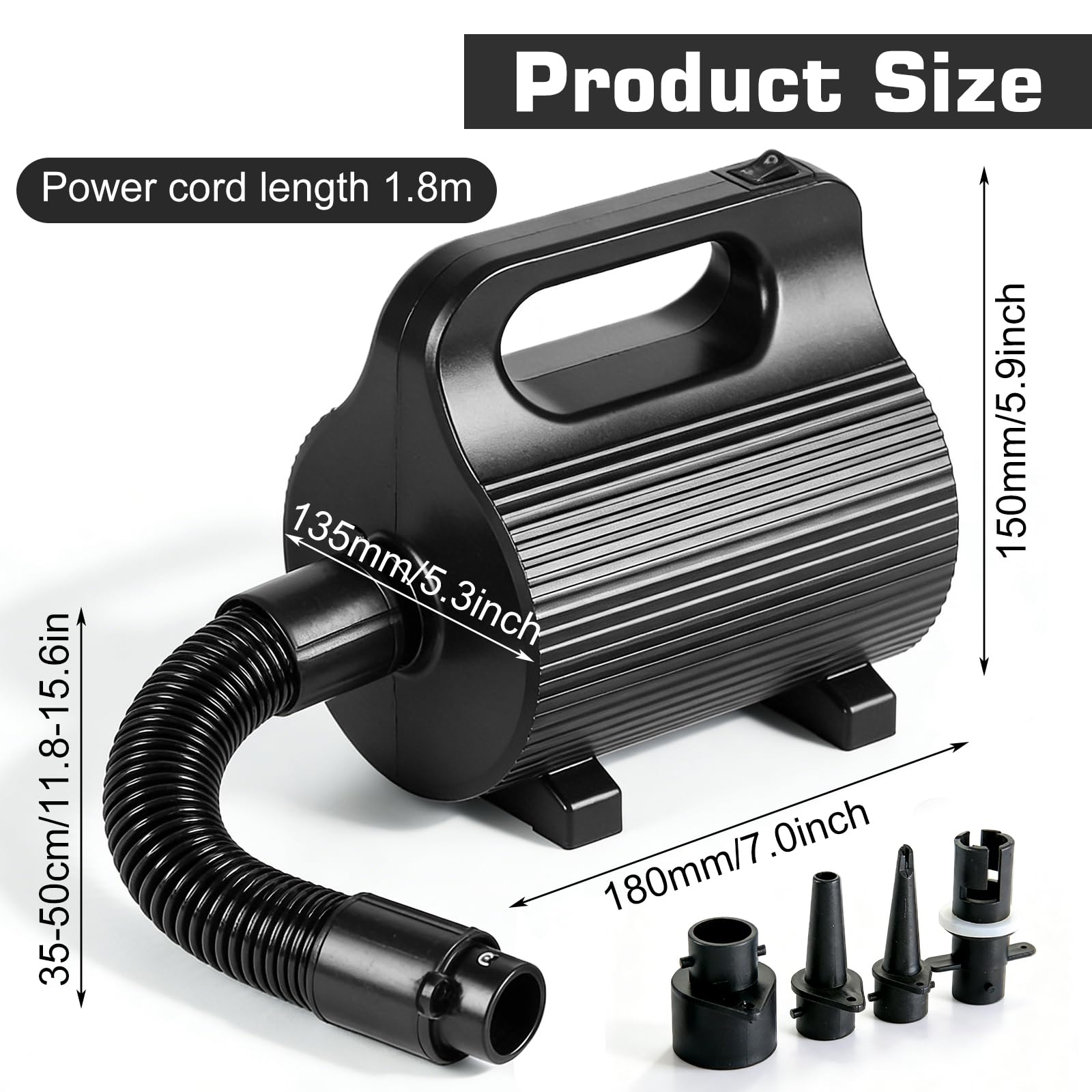 Pompe à air électrique pour Matelas pneumatiques 400W-600W, avec 4 Embouts, gonfleur Rapide 1100 L/Min pour piscines, Bateaux pneumatiques, Lits gonflables et Ballons de Gym (Noir)