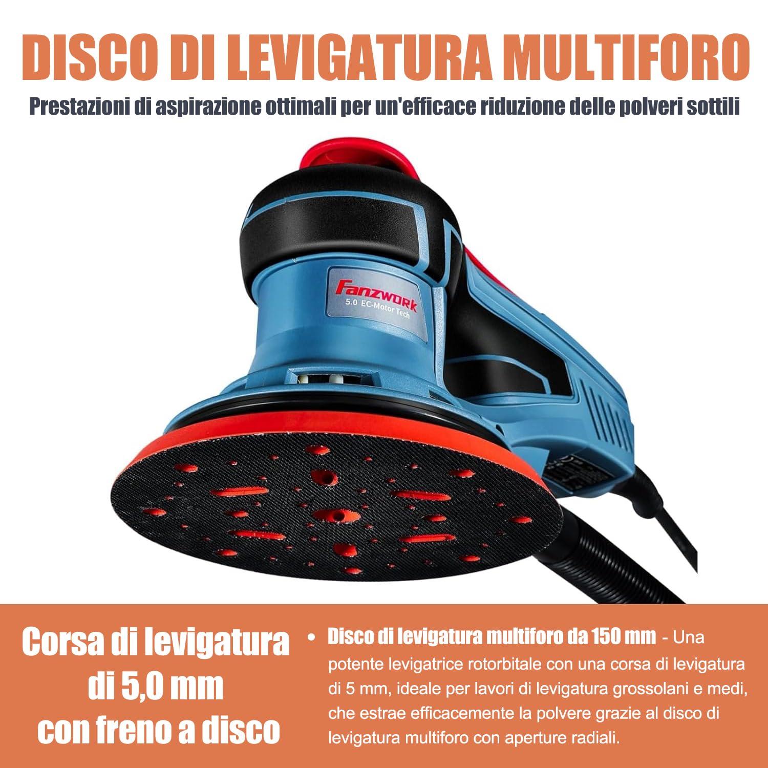 FANZTOOL Levigatrice Orbitale Senza Spazzole, 5,0 mm Levigatrice Rrotorbitale, 350W Casuale Brushless, 7 Velocità, 18 Dischi Abrasivi a Rete,Platorello 150 mm, Valigetta.Ideale per la Levigatura