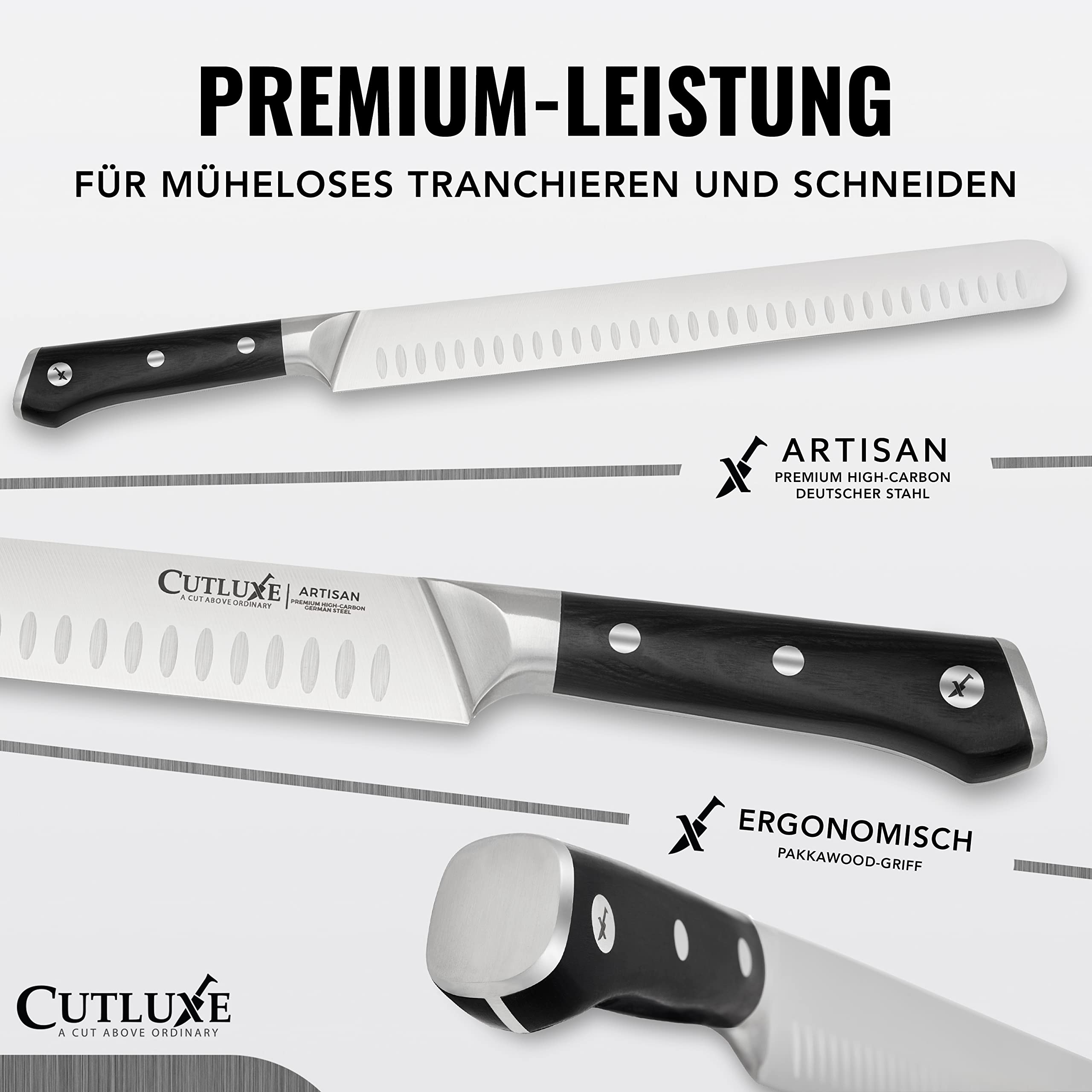 Cutluxe Dönermesser Schinkenmesser – 30cm Tranchiermesser, Fleisch- und BBQ Messer– Deutschem Stahl, Volltang & ergonomisches Griffdesign mit Scheide – Artisan Serie