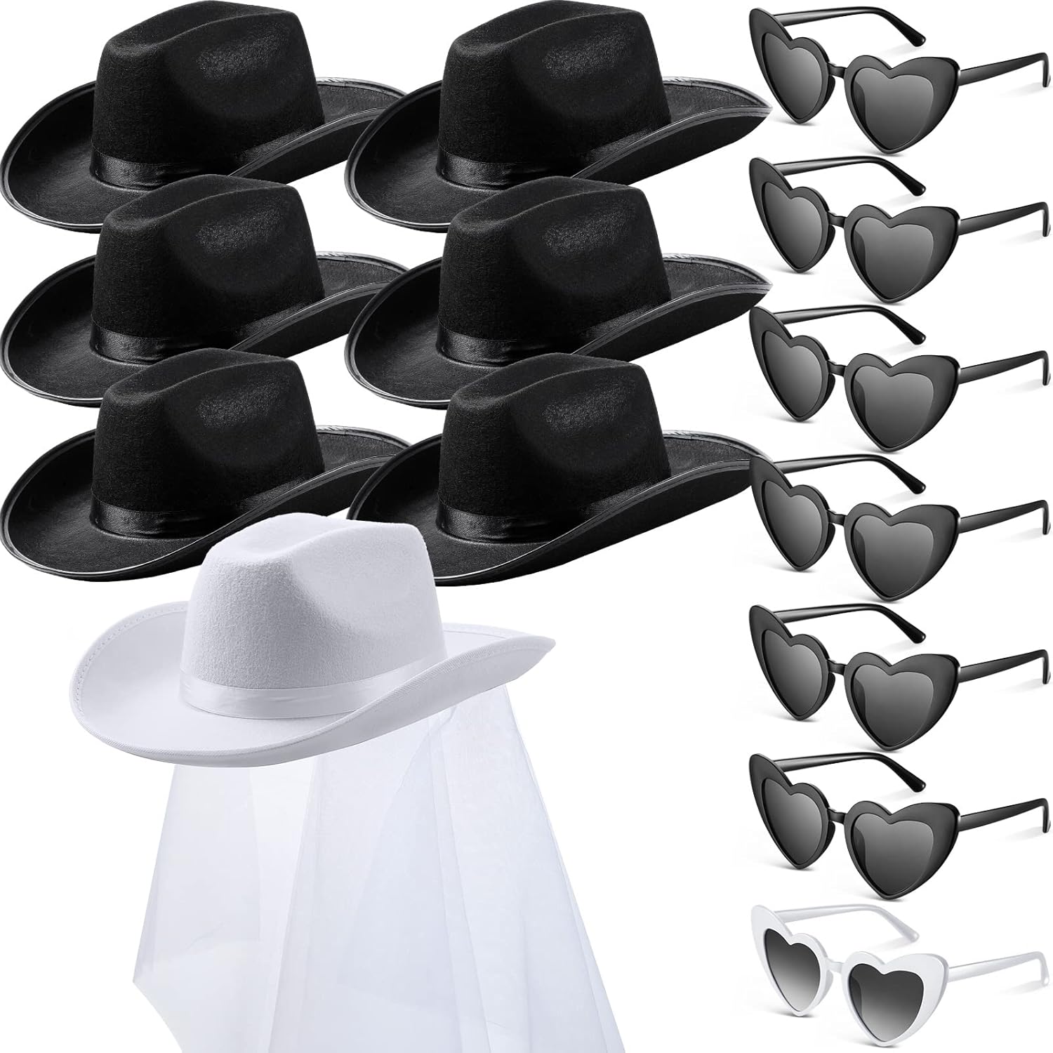 Unittype 14 Pcs Bridal Cowgirl Party Set Heart Glasses Bride Cowboy Hats for Bachelorette Party Bridal Wedding Shower
