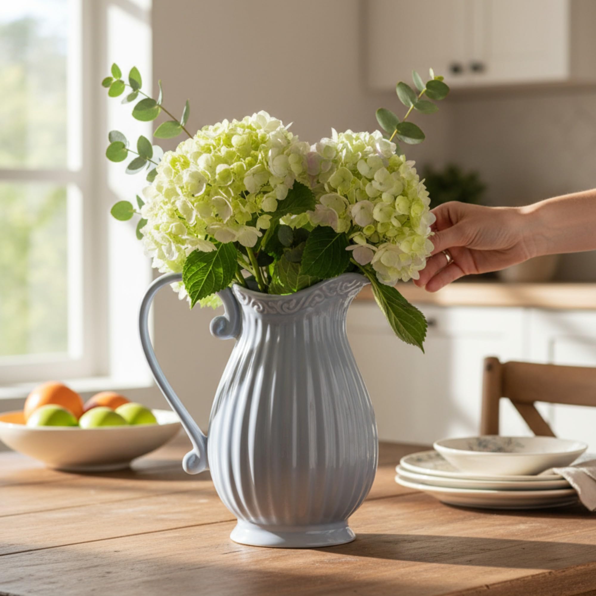 Brocca in ceramica da 1,2 L, grigio pastello - Brocca per acqua, vaso, brocca caraffa brocca per latte in stile rustico country, country, french country, colori pastello, colori a gesso