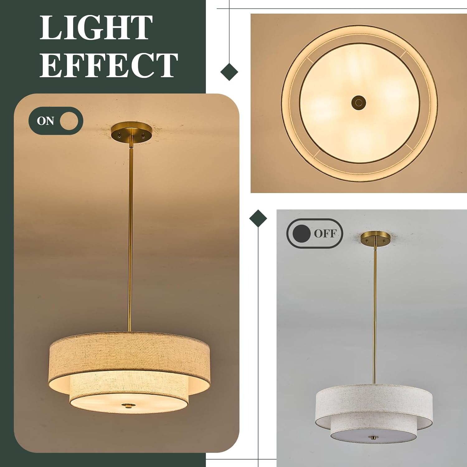 Gold Modern Chandelier 18'' Drum Chandeliers with 2-Layer Fabric Shade 4-Light Linen Pendant Light Fixture for Dining Room Bedroom Kitchen Hallway Foyer