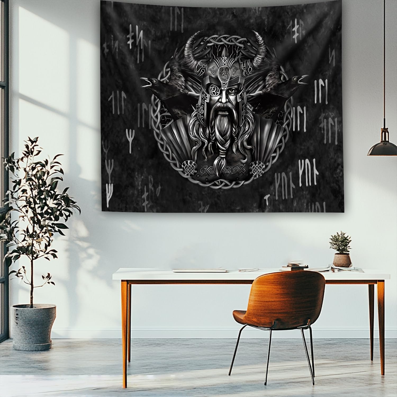 Arsey Wandteppich – Wikinger Deko mit Odin und Raben, Runen Wandtuch, Ideal für Nordische Mythologie und Viking-Liebhaber, Tapestry Wandbehang 150 x 130, Schwarz