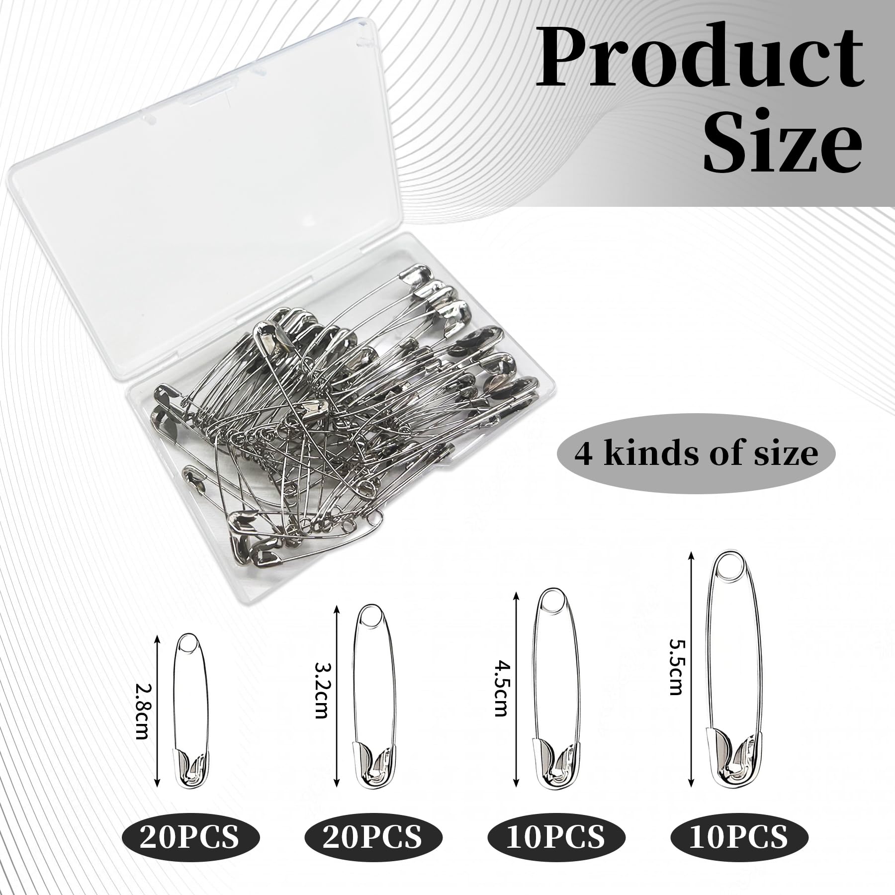 60 Pezzi in 4 Misure Spille da Balia,Spilla da Balia Placcata in Nichel,Adatto per Cucire Abiti Artigianali,19mm,22mm,28mm,38mm(Argento)