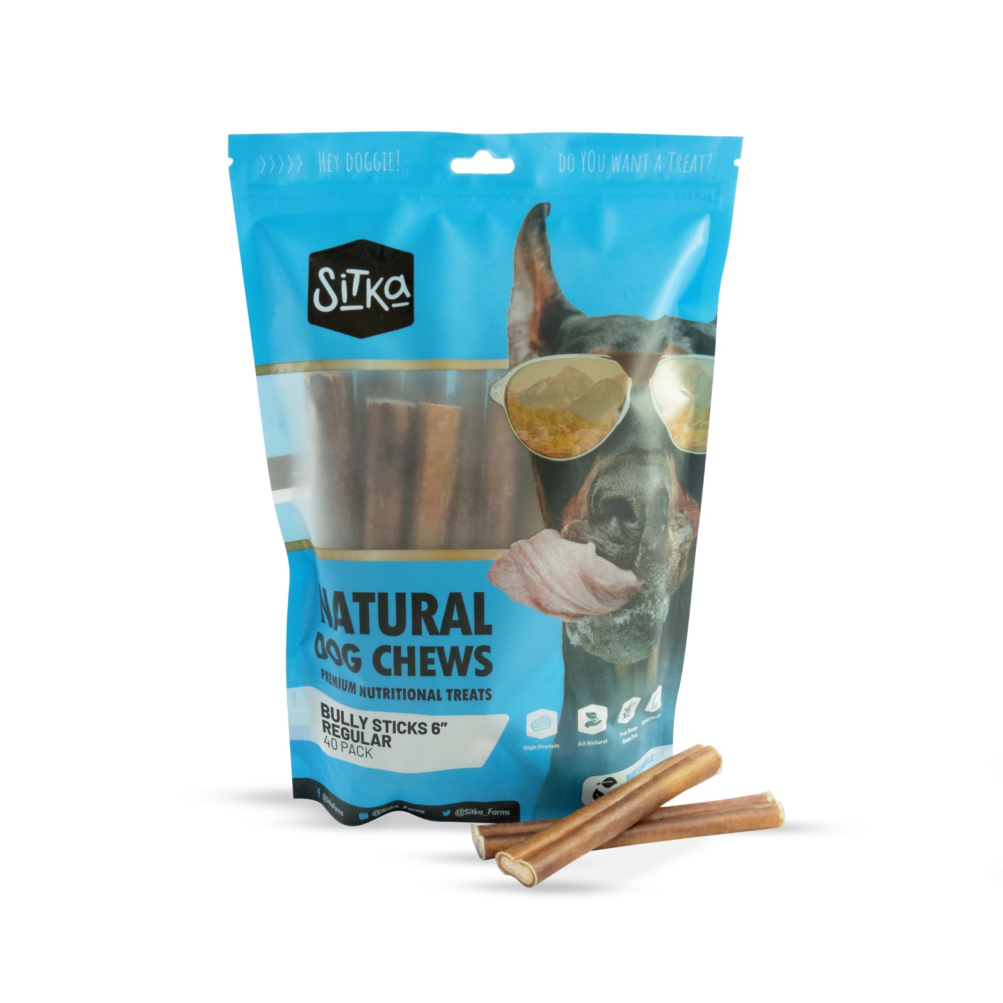 Sitka Farms Bully Sticks, Long Lasting Natural Dog Chews, 6 Inch – 40 Count