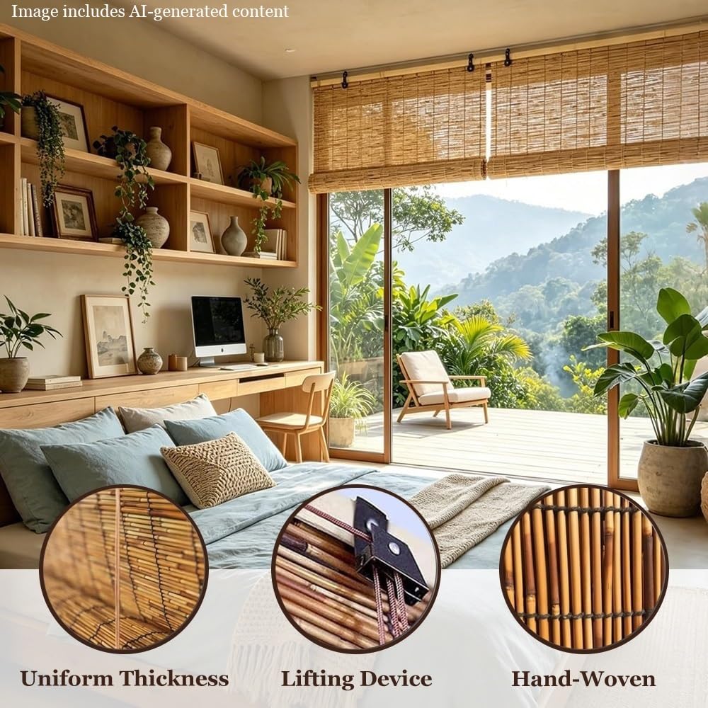 Anti-UV Rideaux en Roseau, Naturel Store Enrouleur Roseau, Store Bambou Intérieur Exterieur, Imperméables Rideau De Paille, pour Jardin Patio(W31xH63IN (80x160CM))