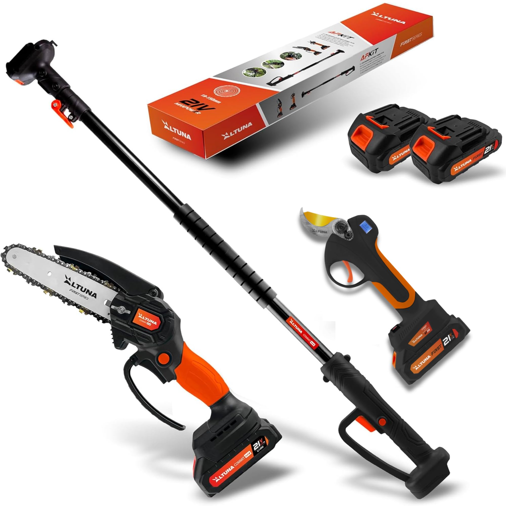 Altuna Kit de Poda a Batería de Titanio - Motosierra a Batería + Tijeras de Podar Eléctricas + Pértiga Telescópica - Incluye 2 Baterías - Pértiga de 1,63m para Poda en Altura - Con Cargador y Gafas