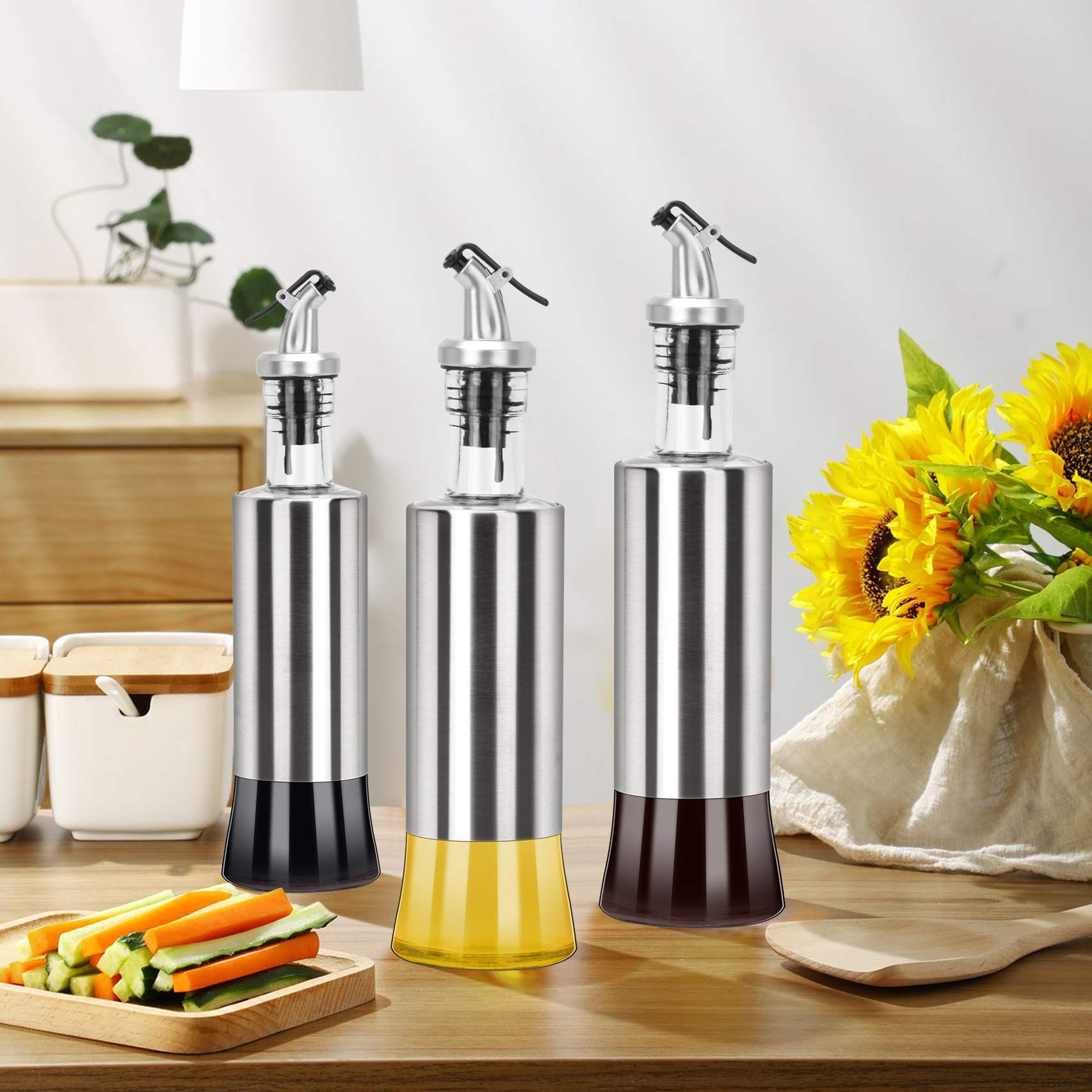 Only fire - Set di 2 dispenser per olio e aceto, in acciaio INOX, 340,2 g, per bottiglie di salsa in vetro, per cucina e barbecue (2 imbuto incluso)
