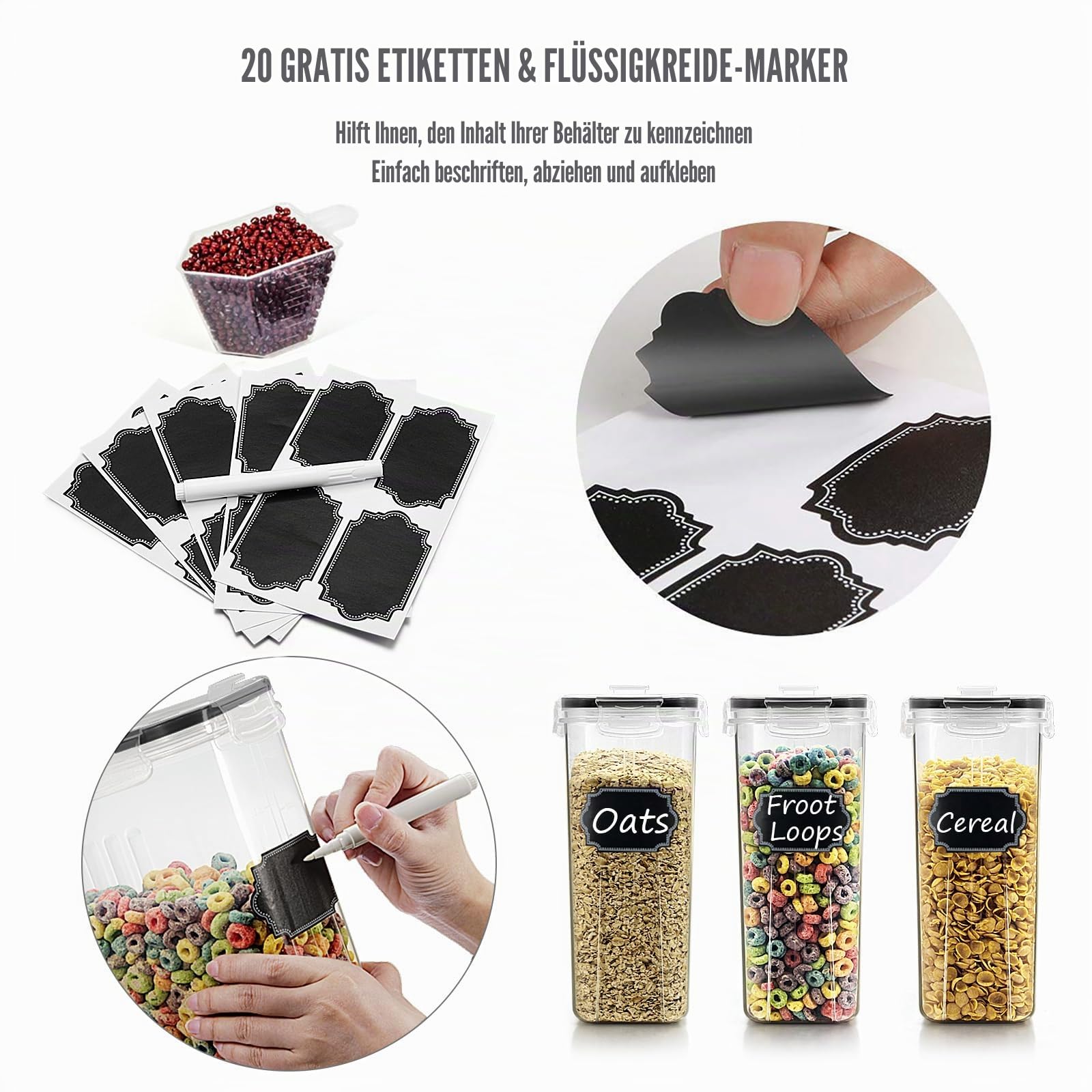 Wildone Müsli-Behälter-Set aus Kunststoff, 6 große (16,9 Tassen, 384 ml), luftdichte Frischhaltedosen – auslaufsicher, BPA-freier Müsli-Spender | Mehl, trockene Lebensmittel mit schwarz Deckel