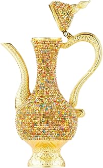 Steel Water Bottle Pitcher with Zirconia Stones | Handmade Metal Carafe Water Tea Coffee Jug Vintage Bottle | Turkish Ottoman Zamzam Pitchers (470 ML/16 Oz, Colorfull Stone, Gold Color)