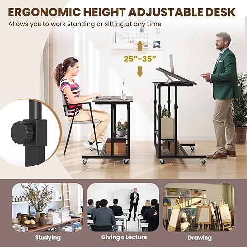 Vista 22 de Giantex Escritorio móvil de pie, escritorio de pie ajustable en altura con ruedas y mesa inclinable, carrito rodante para computadora portátil, Negro