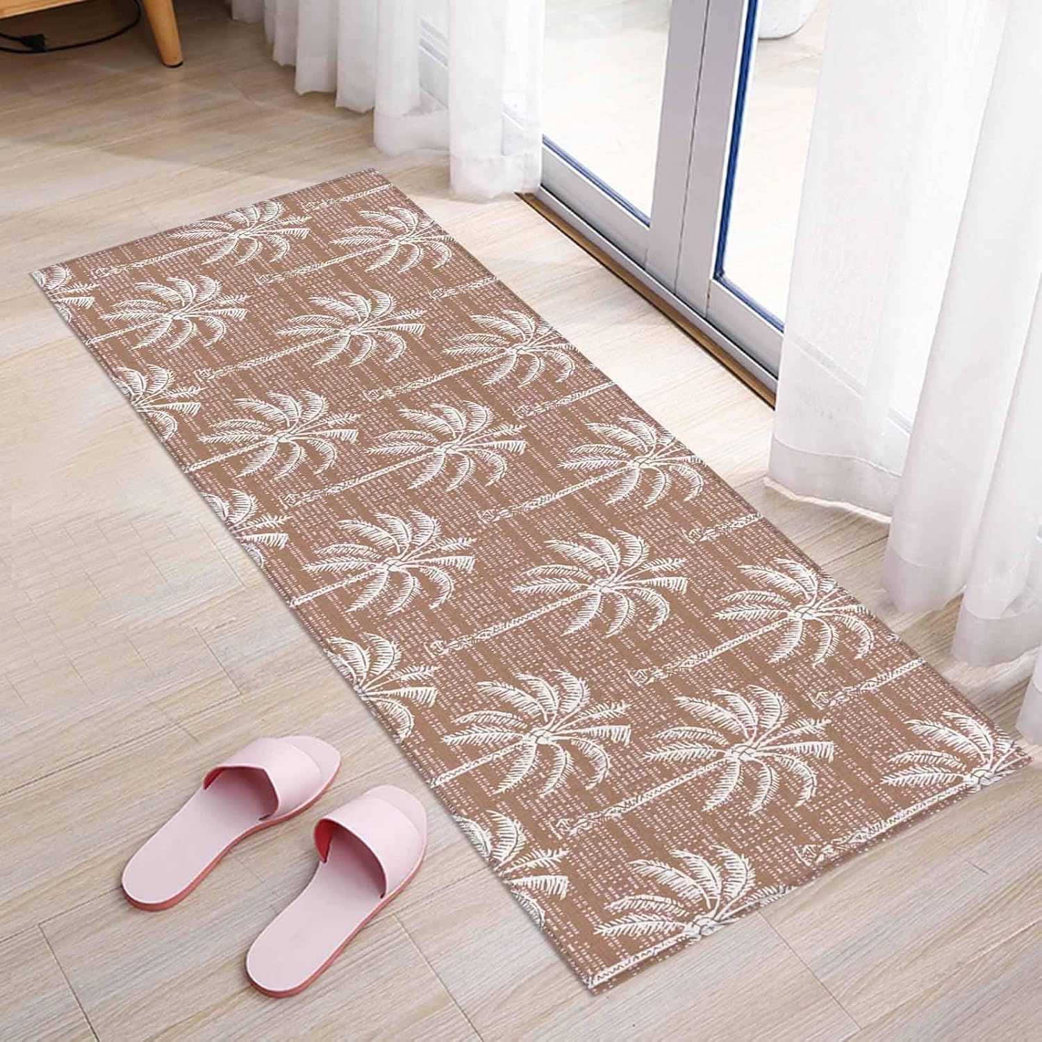 Teamery Kitchen Mats for Floor Brown Palm Tree Summer Beach Washable Non Slip Kitchen Rugs 1PCS, Retro Tropical Plant Absorbent Standing Mats for Sink Bathroom Office Living Room 23.6x70.9in
